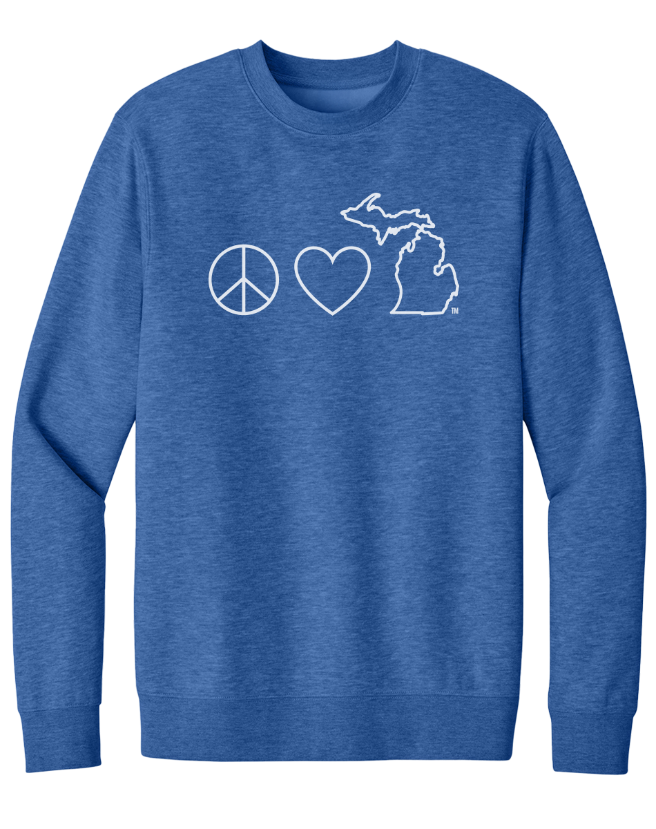 Peace, Love, & Michigan Crewneck Sweatshirt – Michigan Awesome