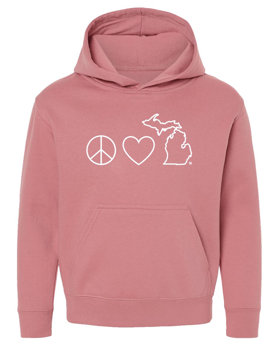 Peace Love Michigan Youth Hoodie CLOSEOUT Michigan Awesome