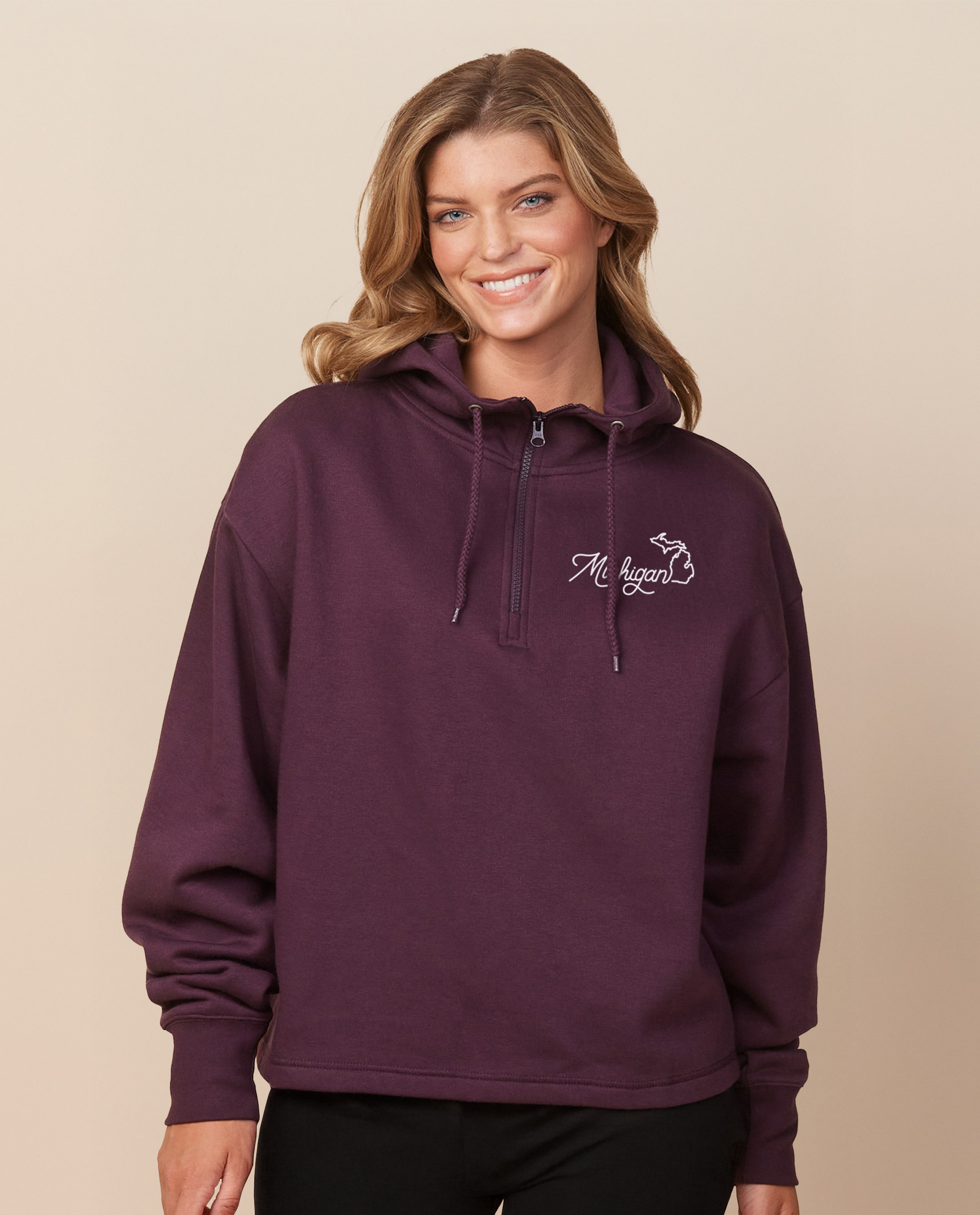Women's Michigan Boxy Quarter Zip Hoodie – Michigan Awesome Women's Michigan Boxy Quarter Zip Hoodie – Michigan Awesome
