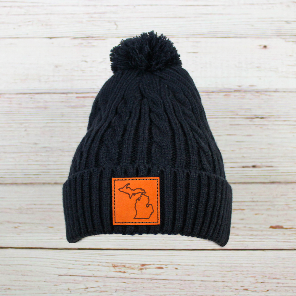 Leather Patch Cable Knit Pom Beanie